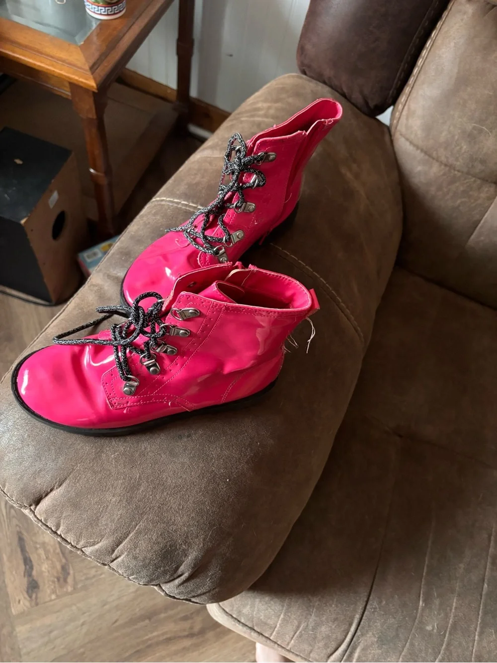 Melissa Hot Pink Patent Lace-Up Boots with Black Laces